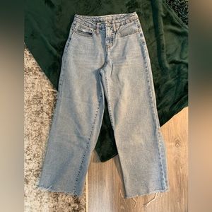 Light Wash Wide Legged Jeans: Fraying at Ankle